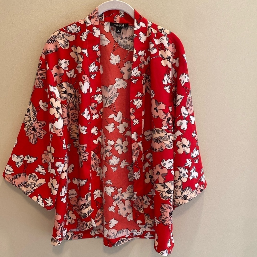 Roz & Ali Wide Sleeve Kimono Style Floral Red Open Front Cardigan Top Size SMALL
